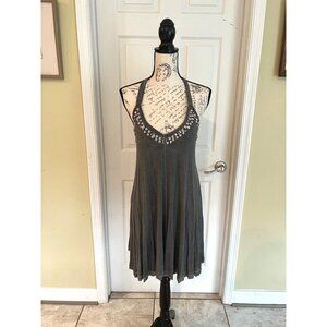 POL Grey Burnout Metal Charm Embellished Mini Racer Back Dress Small Lagenlook S